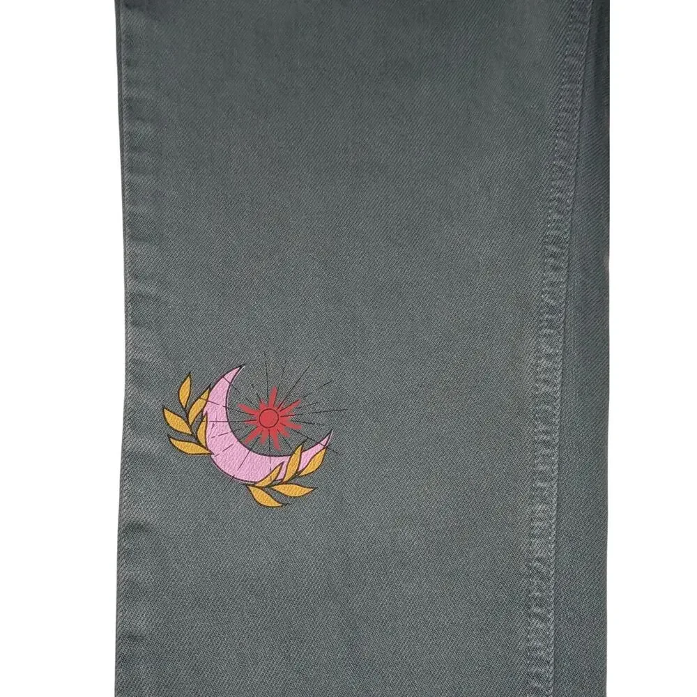 PacSun Kids Girls Size 12 Embroidered Celestial Cactus Jogger Jeans Gray Green